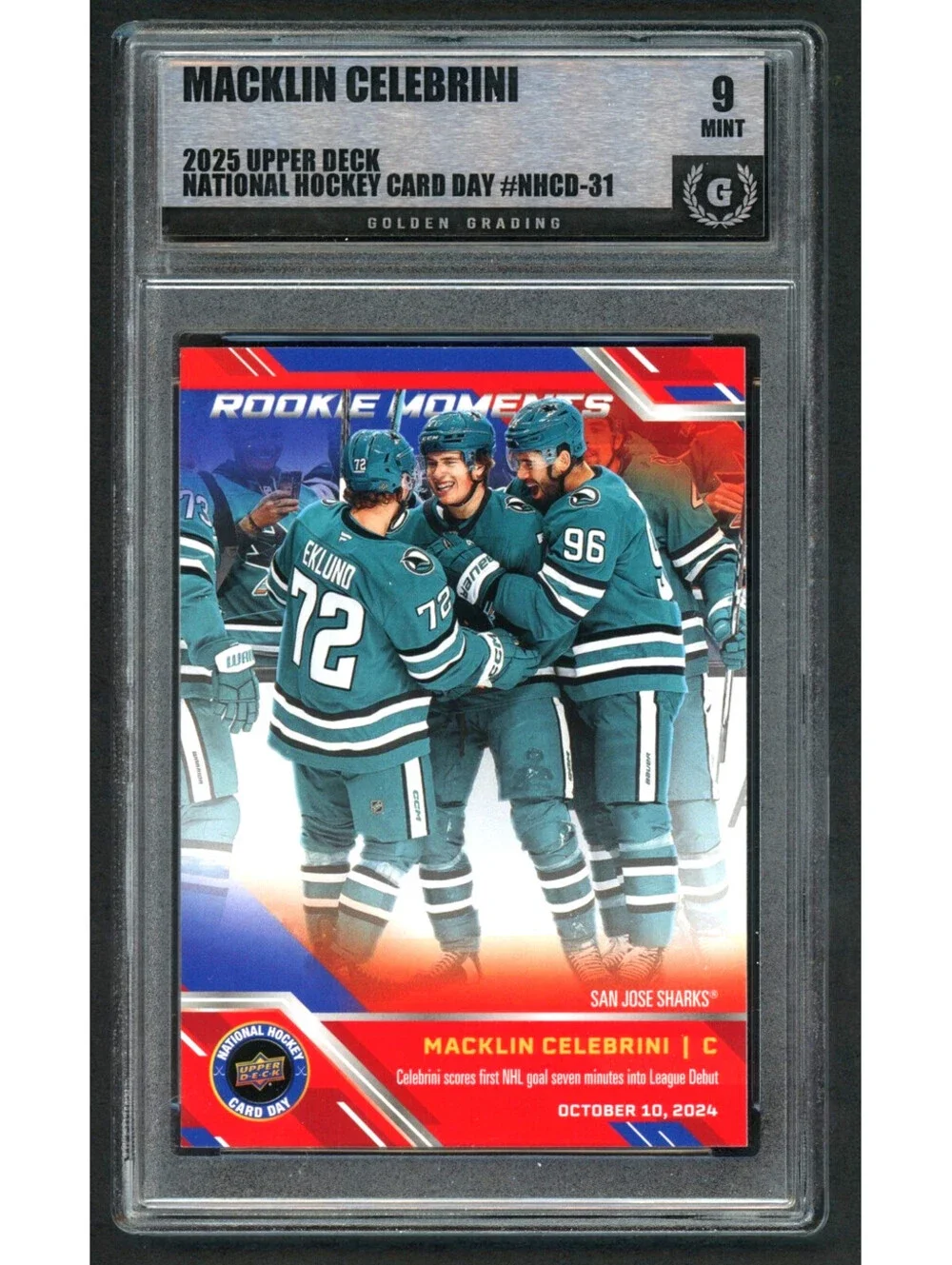 2025 Upper Deck NHCD31 Macklin Celebrini Rookie Moments Sharks Graded Mint 9